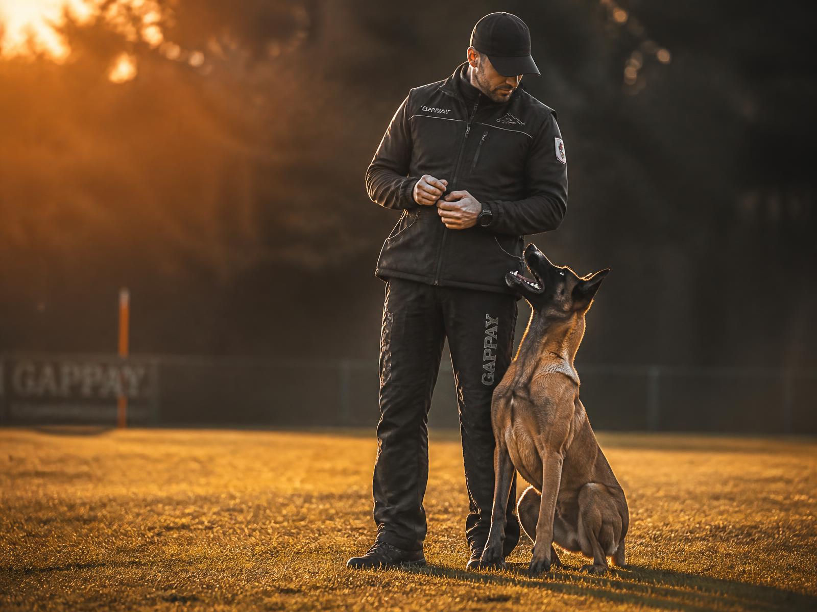 Istruttore cinofilo al lavoro con un cane in campo di addestramento